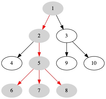 All paths of three edges from the root to a leaf